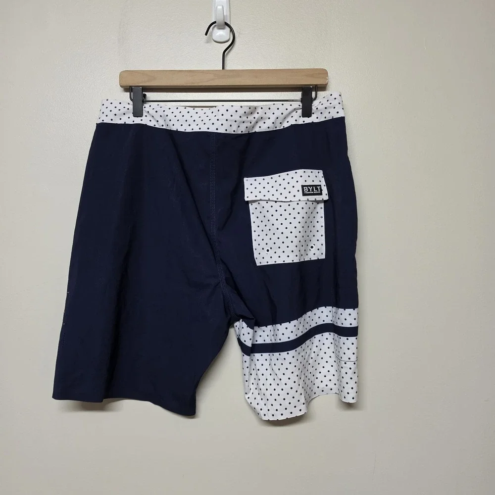 BYLT Coastal Board Shorts Men's L Large Navy Blue Polka Dot Bathing Suit Stretch